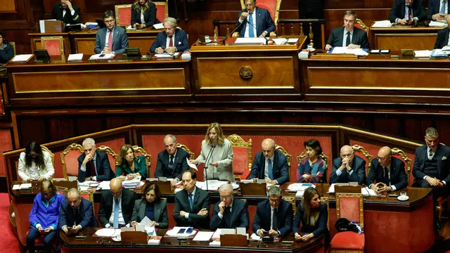 Il presidente del Consiglio Giorgia Meloni in Senato durante il Question time, Roma, 7 Maggio 2025. ANSA/GIUSEPPE LAMI