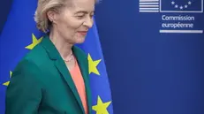 epa12082825 EU Commission President Ursula von der Leyen attends a meeting with Irish Taoiseach Micheal Martin (unseen) in Brussels, Belgium, 08 May 2025. EPA/OLIVIER MATTHYS