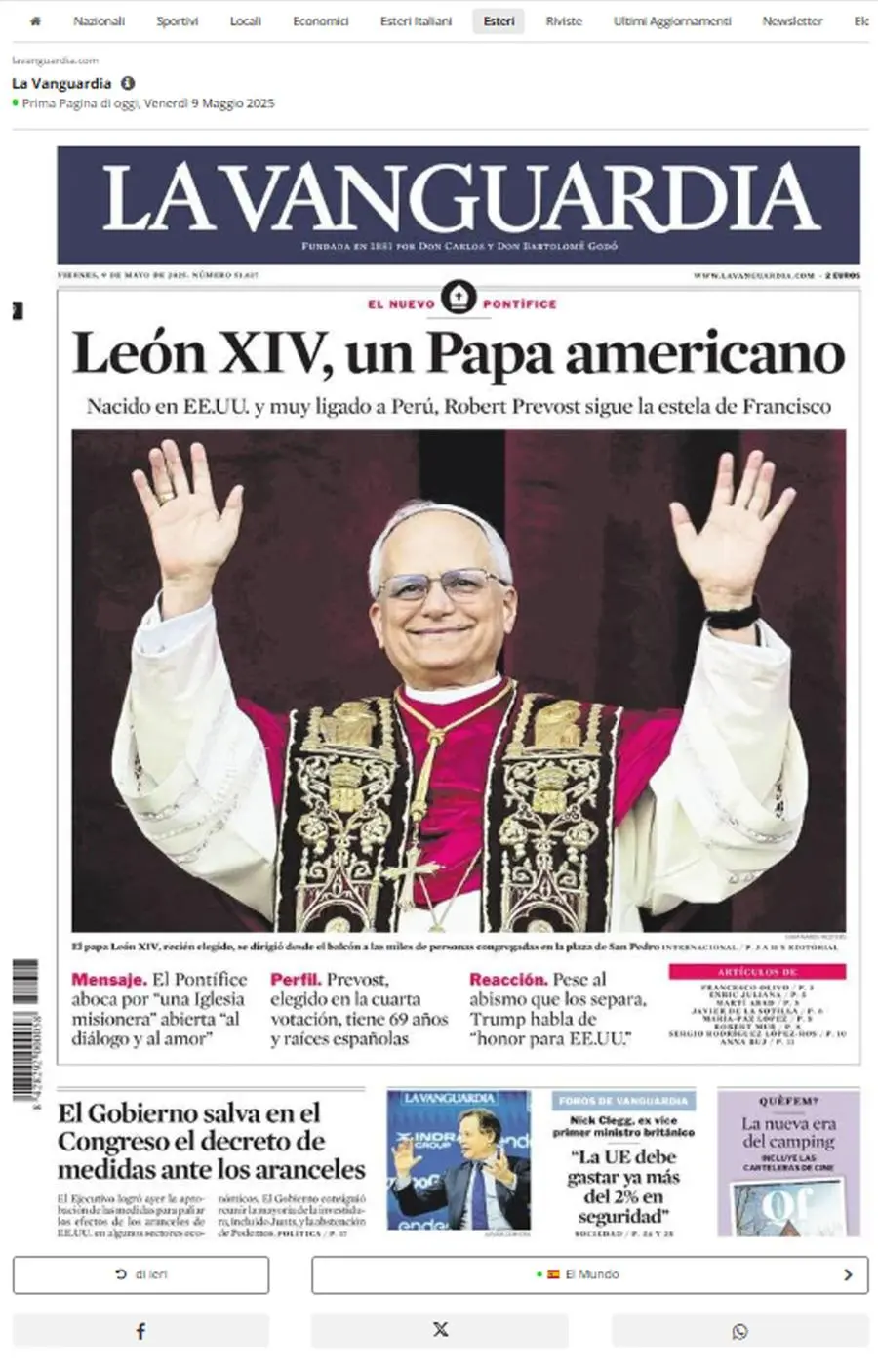 Papa Leone XIV, le prime pagine dei giornali del mondo