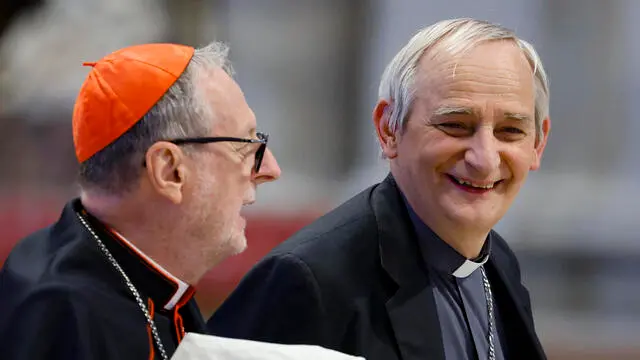 Cardinals Matteo Zuppi (R) and Claudio Gugerotti attend the Fifth Novendali Mass in memory of Pope Francis in Saint Peter's Basilica, Vatican City, 30 April 2025. ANSA/FABIO FRUSTACI