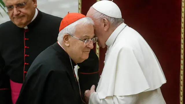 Pope Francis and cardinal Gualtiero Bassetti during a meeting with members of Catholic charity Caritas, at the Vatican, 26 June 2021. ANSA/FABIO FRUSTACI