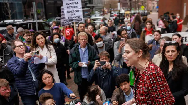 epa12008244 Jessie Rossman (R) an attorney representing Tufts University graduate student Rumeysa Ozturk, addresses the news media outside of John Joseph Moakley Federal Courthouse in Boston, Massachusetts, USA, 03 April 2025. Ozturk's attorneys petitioned a federal judge to release her from federal detention in Louisiana and bring her back to Massachusetts after she was detained by US Immigration and Customs Enforcement outside of her apartment on 25 March 2025. EPA/CJ GUNTHER