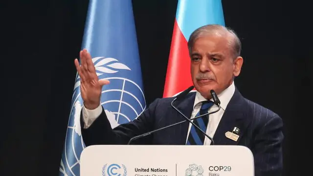 epa11717721 Pakistan Prime Minister Shehbaz Sharif speaks during the UN Climate Change Conference COP29 in Baku, Azerbaijan, 13 November 2024. The Azerbaijani capital of Baku hosts the 2024 United Nations Climate Change Conference (COP29) from 11 to 22 November 2024. EPA/IGOR KOVALENKO