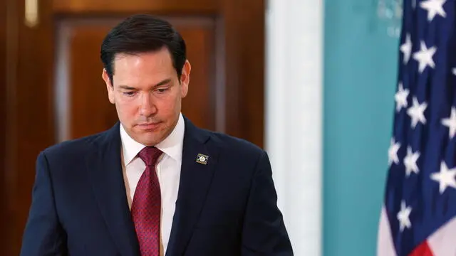 epa12047133 U.S. Secretary of State Marco Rubio whilst greeting Qatari Prime Minister and Foreign Minister Sheikh Mohammed bin Abdulrahman Al Thani (not pictured) at the US State Department in Washington, DC, USA, 22 April 2025. EPA/WILL OLIVER