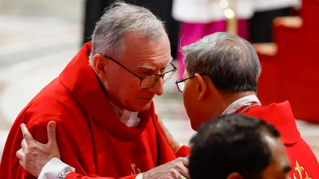 Cardinals Pietro Parolin (L) and Luis Antonio Tagle attend the Fifth Novendali Mass in memory of Pope Francis in Saint Peter's Basilica, Vatican City, 30 April 2025. ANSA/FABIO FRUSTACI