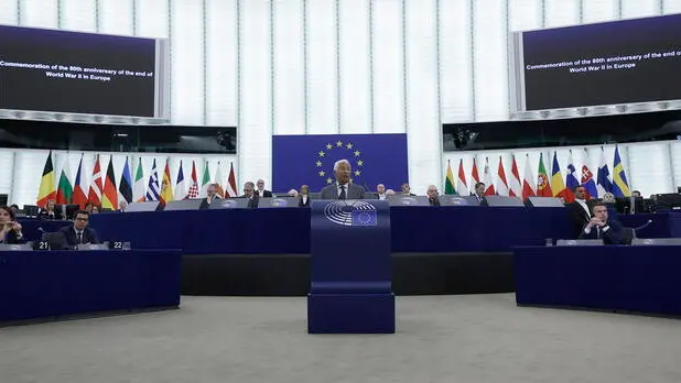 epa12080018 EU Council President Antonio Costa speaks during a commemoration of the 80th anniversary of the end of World War II in Europe at the European Parliament in Strasbourg, France, 07 May 2025. The current plenary session runs from 05 until 08 May 2025. EPA/RONALD WITTEK