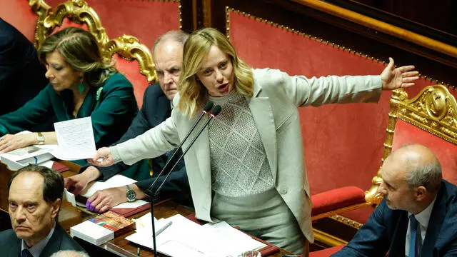Il presidente del Consiglio Giorgia Meloni in Senato durante il Question time, Roma, 7 Maggio 2025. ANSA/GIUSEPPE LAMI