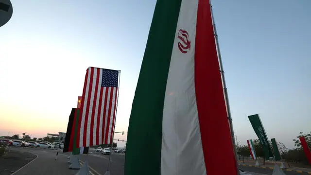 epa12054606 The flags of USA and Iran are displayed in Muscat, Oman, 25 April 2025. Iran and US will hold third round of nuclear talks on 26 April 2025, in Muscat. EPA/ALI HAIDER