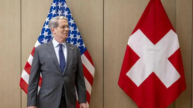 epa12086759 US Secretary of the Treasury Scott Bessent prepares for a group photo, during a bilateral meeting between Switzerland and the United States, in Geneva, Switzerland, 09 May 2025. EPA/MARTIAL TREZZINI
