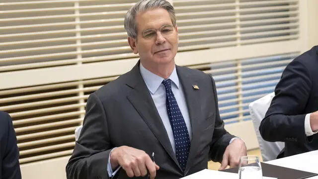 epa12086832 US Secretary of the Treasury Scott Bessent, listens to the speeches, during a bilateral meeting between Switzerland and the United States, in Geneva, Switzerland, 09 May 2025. EPA/MARTIAL TREZZINI