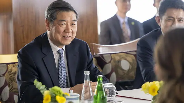 epa12086670 Chinese Vice Premier He Lifeng (L) listen to the speeches, during a bilateral meeting between Switzerland and China, in Geneva, Switzerland, 09 May 2025. EPA/MARTIAL TREZZINI / POOL