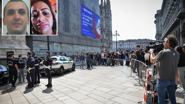 Le operazioni della polizia in piazza Duomo dopo il suicidio di quello che gli investigatori ritengono essere il 35enne Emanuele De Maria, Milano 11 Maggio 2025 ANSA/MATTEO CORNER