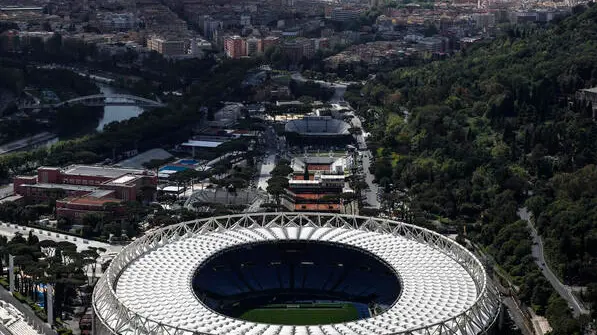 An aerial view of the Olimpico stadium taken from Italian Carabinieri helicopter patrolling above Rome. Italy, 25 April 2025. ANSA/GIUSEPPE LAMI