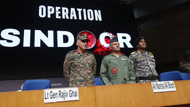 epa12093891 (L-R) The Director General of Indian Military Operations (DGMO), Lieutenant General Rajiv Ghai, Director General of Air Operations (DGAO), Air Marshal AK Bharti, and Director General of Naval Operations (DGNO), Vice Admiral A. N. Pramod attend a press conference and media briefing on Operation Sindoor, in New Delhi, India, 12 May 2025. The Indian Armed Forces reiterated that the Operation Sindoor was aimed at terrorists and their infrastructure in Pakistan, and not against the country's army. A ceasefire between Pakistan and India went into force on 10 May 2025, following days of military escalation. EPA/HARISH TYAGI