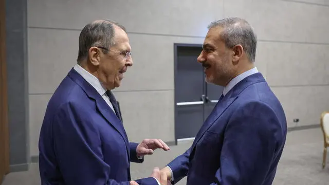 epa12026533 A handout photo made available by the Turkish Foreign Minister's Press Office shows shows Turkish Foreign Minister Hakan Fidan (R) meeting with Russian Foreign Minister Sergei Lavrov, as part of the Antalya Diplomacy Forum (ADF 2025) in Antalya, Turkey, 12 April 2025. The 4th edition of the ADF forum takes place from 11 to 13 April in Antalya under the theme 'Reclaiming Diplomacy in a Fragmented World'. EPA/ARDA KUCUKKAYA HANDOUT HANDOUT EDITORIAL USE ONLY/NO SALES