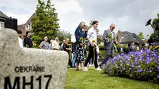 epa11483617 Relatives of the victims lay sunflowers during a memorial meeting for the Malaysia Airlines MH17 air disaster victims at the monument in Dudok Park, in Hilversum, the Netherlands, 17 July 2024. Fifteen Hilversum residents on board Malaysia Airlines Flight 17 (MH17) were killed when the plane was shot down while flying over eastern Ukraine on 17 July 2014. EPA/SEM VAN DER WAL