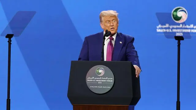 epa12096713 US President Donald Trump attends the Keynote Address at the Saudi-US Investment Forum in Riyadh, Saudi Arabia, 13 May 2025. The forum is taking place during the state visit of US President Trump to Saudi Arabia on 13 May. EPA/ALI HAIDER