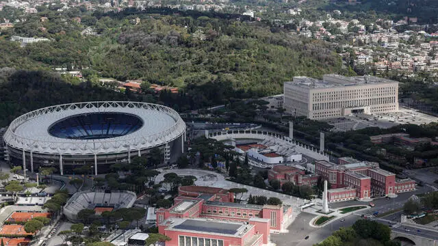 An aerial view of the Olimpic stadium and Italian Foreign Ministry Farnesina Palace a taken from Italian Carabinieri helicopter patrolling above Rome. Italy, 25 April 2025. ANSA/GIUSEPPE LAMI