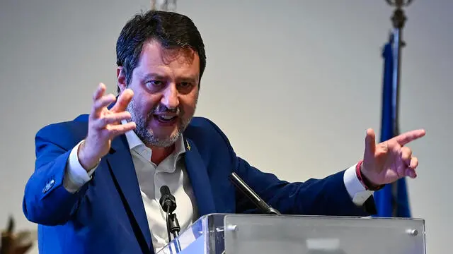 Il ministro dei Trasporti, Matteo Salvini, durante il 10mo Congresso Nazionale del SAP, Roma, 13 maggio 2025. ANSA/RICCARDO ANTIMIANI