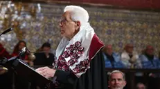 epa12097388 The President of the Italian Republic, Sergio Mattarella, delivers a speech during his honorary doctorate ceremony at the University of Coimbra, in Coimbra, Portugal, 13 May 2025. Portuguese President Marcelo Rebelo de Sousa will present the honorary doctorates to both recipients. King Felipe VI will receive his honour from the Faculty of Law (FDUC), while President Sergio Mattarella will be recognised by the Faculty of Economics (FEUC). EPA/PAULO NOVAIS