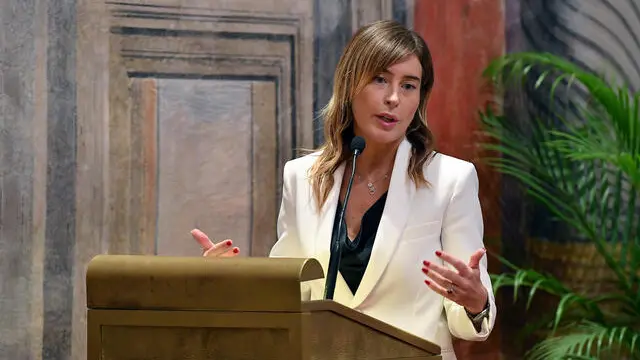 La Vicepresidente della Commissione Vigilanza Rai Maria Elena Boschi interviene alla seconda giornata dell’incontro ‘Le sfide del servizio pubblico’ presso la Sala Zuccari del Senato Roma, 07 novembre 2024. ANSA/FABIO CIMAGLIA