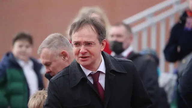 epa09935595 Russian presidential aide Vladimir Medinsky arrives to attend the Victory Day military parade in the Red Square in Moscow, Russia, 09 May 2022. Russia marks Victory Day, Nazi Germany's unconditional surrender in World War II, with the annual parade in Moscow's Red Square on 09 May, after more than two months of attacks on Ukraine. EPA/MAXIM SHIPENKOV