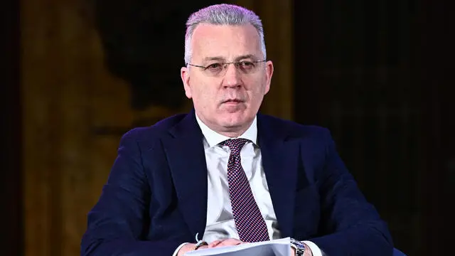 Il sindaco di La spezia Pierluigi Peracchini durante il convegno Rigenera Urbana in Liguria, presso la sala della ex Borsa di Genova. Genova, 20 febbraio 2023. ANSA/LUCA ZENNARO