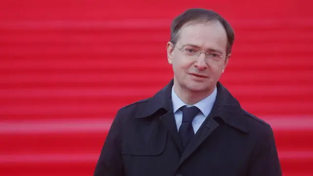 epa09168625 Russian presidential aide Vladimir Medinsky arrives to the closing ceremony of the 43st Moscow International Film Festival at the Rossiya Theatre in Moscow, Russia, 29 April 2021. EPA/MAXIM SHIPENKOV
