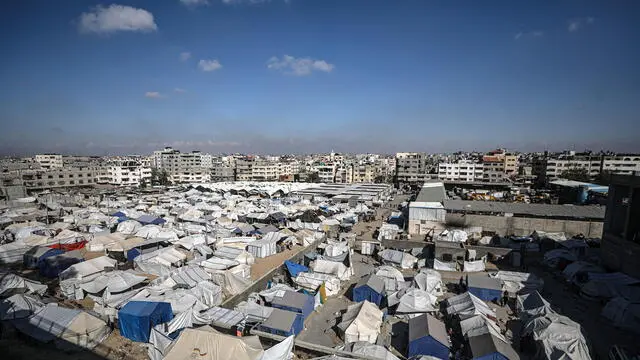 epa12075426 Tents of internally displaced Palestinians, who fled from northern Gaza Strip and east of Gaza City, set up next to Al Yarmouk stadium in central Gaza City, the Gaza Strip, 05 May 2025. According to the UN, at least 1.9 million people (or nine in ten people) across the Gaza Strip are internally displaced, including people who have been repeatedly displaced. Since October 2023, only about 11 percent of the Gaza Strip has not been placed under Israeli-issued evacuation orders, the UN aid coordination office OCHA said. EPA/MOHAMMED SABER