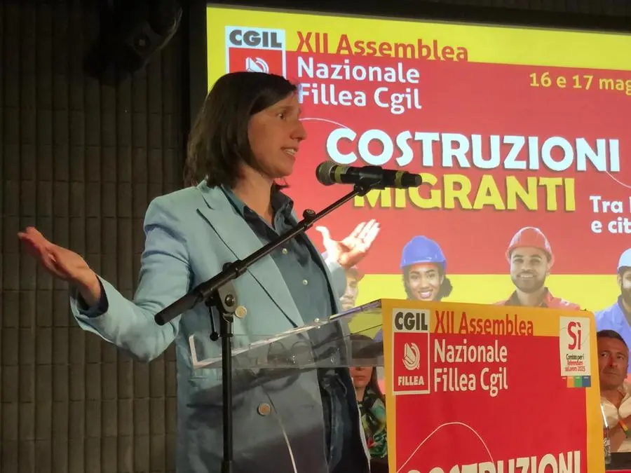 La segretaria nazionale del Pd Elly Schlein alla XII assemblea nazionale della Fillea Cgil