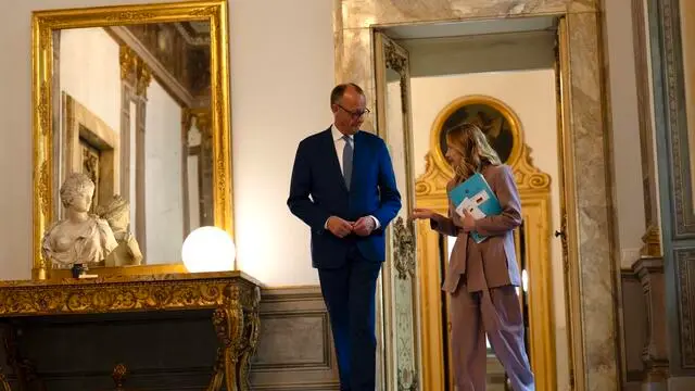 Italian Prime Minister, Giorgia Meloni, during the meeting with German Chancellor Friedrich Merz at the Chigi Palace in Rome, Italy, 17 May 2025. ANSA/CHIGI PALACE PRESS OFFICE/FILIPPO ATTILI +++ ANSA PROVIDES ACCESS TO THIS HANDOUT PHOTO TO BE USED SOLELY TO ILLUSTRATE NEWS REPORTING OR COMMENTARY ON THE FACTS OR EVENTS DEPICTED IN THIS IMAGE; NO ARCHIVING; NO LICENSING +++ NPK +++