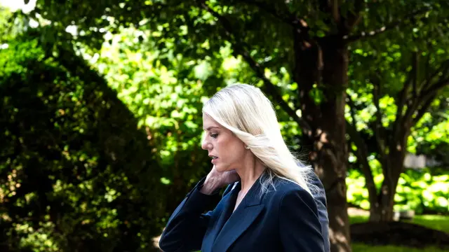epa12081111 US Attorney General Pam Bondi departs after announcing the results of Operation Restore Justice, a sting operation to arrest child sex predators, at the Department of Justice in Washington, DC USA, 07 May 2025. Bondi and Patel did not respond to questions from gathered reporters. EPA/JIM LO SCALZO