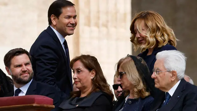 US Secretary of State Marco Rubio (L) and Italian Prime Minister Giorgia Meloni during the Pope Leo XIV’ inauguration mass, St. Peter's Basilica, Vatican City, 18 May 2025. ANSA/FABIO FRUSTACI
