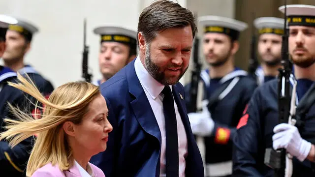 Italian Prime Minister, Giorgia Meloni (L), with US Vice President, James David Vance (R), during their meeting at Palazzo Chigi in Rome, Italy, 18 April 2025. ANSA/RICCARDO ANTIMIANI