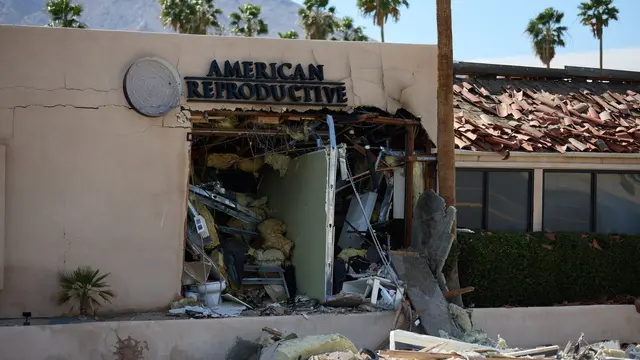 epaselect epa12111426 The American Reproductive Centers office is damaged after an explosion, in Palm Springs, California, USA, 17 May 2025. At least one person is dead and multiple were injured in an explosion outside a Palm Springs, CA fertility clinic, which Palm Springs Police called an 'intentional act of violence'. EPA/ALLISON DINNER