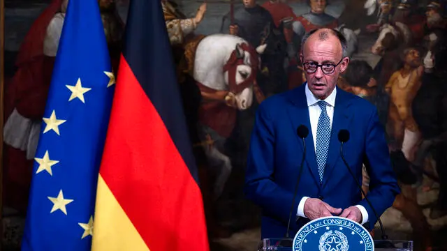 Italian Prime Minister Giorgia Meloni with German Chancellor Friedrich Merz during a press conference following their meeting at Palazzo Chigi, in Rome, Italy, 17 May 2025. ANSA/ANGELO CARCONI