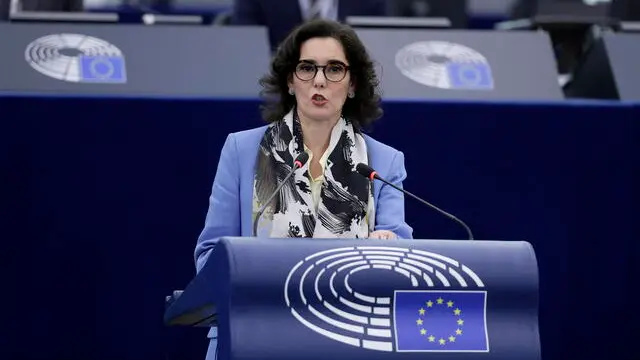 epa12003362 Hadja Lahbib, European Commissioner for Preparedness, Crisis Management, and Equality, speaks during a debate on the 'EU Preparedness Union Strategy' at the European Parliament in Strasbourg, France, 01 April 2025. The EU Parliament's session runs from 31 March to 03 April 2025 EPA/RONALD WITTEK