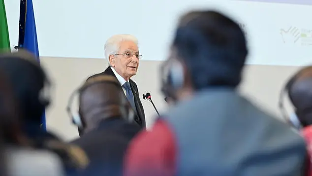 Sergio Mattarella presidente della repubblica partecipa all'inaugurazione dell’anno accademico della Scuola di Sviluppo del centro internazionale di formazione dell’ILO presso Campus ILO, 16 maggio 2025 ANSA/ALESSANDRO DI MARCO