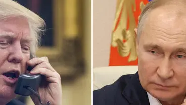 In una combo il presidente americano Donald J. Trump parla al telefono con il presidente russo Vladimir Putin. ANSA/PETE MAROVICH -MIKHAEL KLIMENTYEV