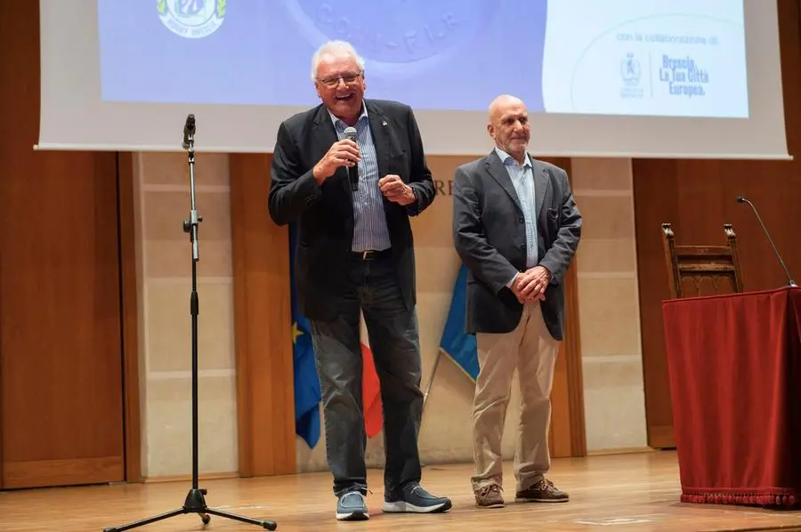 SPORT RUGBY BRESCIA AUDITORIUM SAN BARNABA 50° ANNIVERSARIO SCUDETTO RUGBY BRESCIA NELLA FOTO DONATO DALDOSS E GIANLUCA BARCA 19–05-2025 PIERPAOLO PAPETTI AGENZIA NEWREPORTER