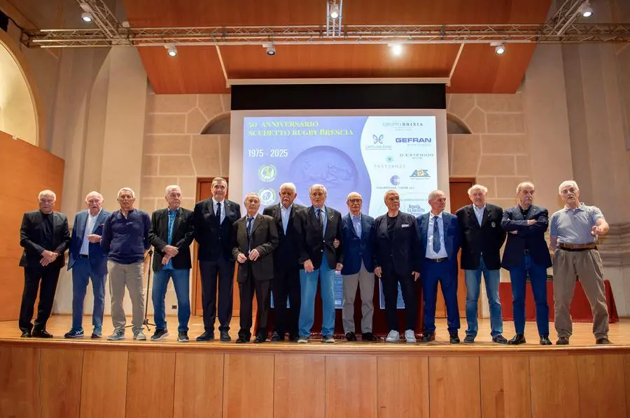 SPORT RUGBY BRESCIA AUDITORIUM SAN BARNABA 50° ANNIVERSARIO SCUDETTO RUGBY BRESCIA NELLA FOTO GIOCATORI BRESCIA RUGBY 1975 19–05-2025 PIERPAOLO PAPETTI AGENZIA NEWREPORTER