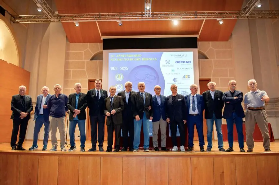 SPORT RUGBY BRESCIA AUDITORIUM SAN BARNABA 50° ANNIVERSARIO SCUDETTO RUGBY BRESCIA NELLA FOTO GIOCATORI BRESCIA RUGBY 1975 19–05-2025 PIERPAOLO PAPETTI AGENZIA NEWREPORTER