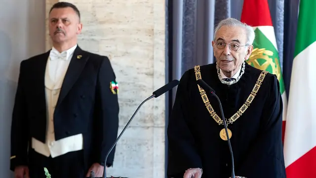 Il presidente della Corte Costituzionale Giovanni Amoroso durante la riunione straordinaria della Corte Costituzionale, sull'attività svolta nell'anno 2024, Roma, 11 aprile 2025. ANSA/ANGELO CARCONI