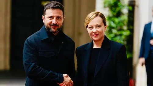 Italian Prime Minister Giorgia Meloni meets Ukrainian President Volodymyr Zelensky at Chigi Palace, in Rome, Italy, 26 April 2025. ANSA/ CHIGI PALACE PRESS OFFICE/ FILIPPO ATTILI +++ ANSA PROVIDES ACCESS TO THIS HANDOUT PHOTO TO BE USED SOLELY TO ILLUSTRATE NEWS REPORTING OR COMMENTARY ON THE FACTS OR EVENTS DEPICTED IN THIS IMAGE; NO ARCHIVING; NO LICENSING +++ NPK +++