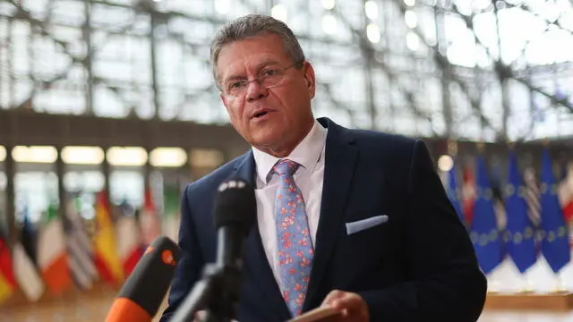 epa12101529 European Commissioner for Trade Maros Sefcovic speaks to the media ahead of an EU Trade Ministers meeting in Brussels, Belgium, 15 May 2025. Ministers will hold an exchange of views on current trade relations with the US and will give orientation for future work. EPA/OLIVIER HOSLET