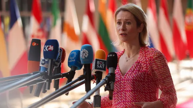 epa12118507 EU High Representative for Foreign Affairs and Security Policy, Kaja Kallas, speaks to the press during a European Foreign Affairs and Defense Ministers Council in Brussels, Belgium, 20 May 2025. The Council will discuss EU military support for Ukraine and the latest developments in the Middle East and in Syria. EPA/OLIVIER HOSLET