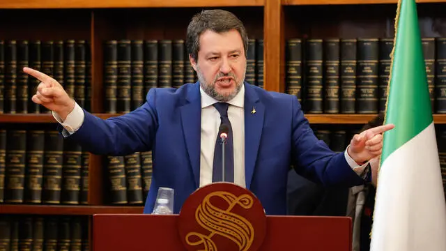 Matteo Salvini nella Sala Kock del Senato durante il convegno 'Seminando idee, coltivando proposte. Facciamo crescere l'agricoltura italiana', Roma, 15 Maggio 2025. ANSA/GIUSEPPE LAMI