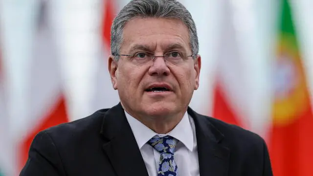 epa12077104 Maros Sefcovic, EU Commissioner for Trade and Economic Security, Interinstitutional Relations and Transparency, speaks during a debate on 'A unified EU response to unjustified US trade measures and global trade opportunities for the EU' at the European Parliament in Strasbourg, France, 06 May 2025. The EU Parliament's session runs from 5 till 8 May 2025. EPA/RONALD WITTEK