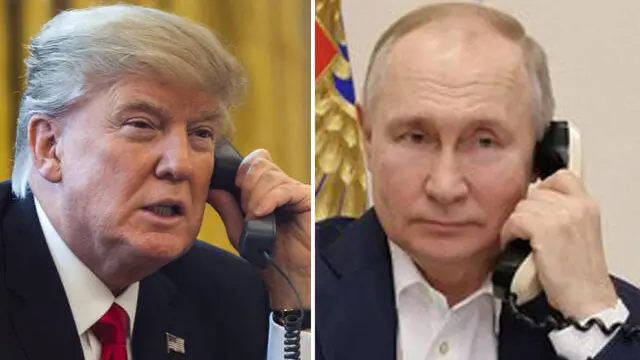 In una combo il presidente americano Donald J. Trump parla al telefono con il presidente russo Vladimir Putin. ANSA/JIM LO SCALZO- MIKHAEL KLIMENTYEV / SPUTNIK / KREMLIN POOL MANDATORY CREDIT MIKHAEL KLIMENTYEV / SPUTNIK / K / POOL SPUTNIK