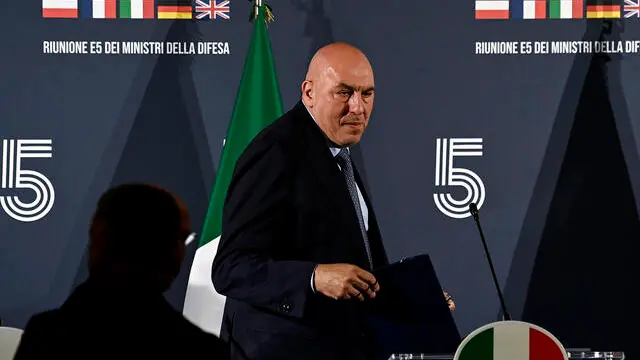 Italian Minister of Defence, Guido Crosetto, during a press conference after the E5 Meeting of Defence Ministers, Rome, Italy, 16 May 2025. ANSA/RICCARDO ANTIMIANI